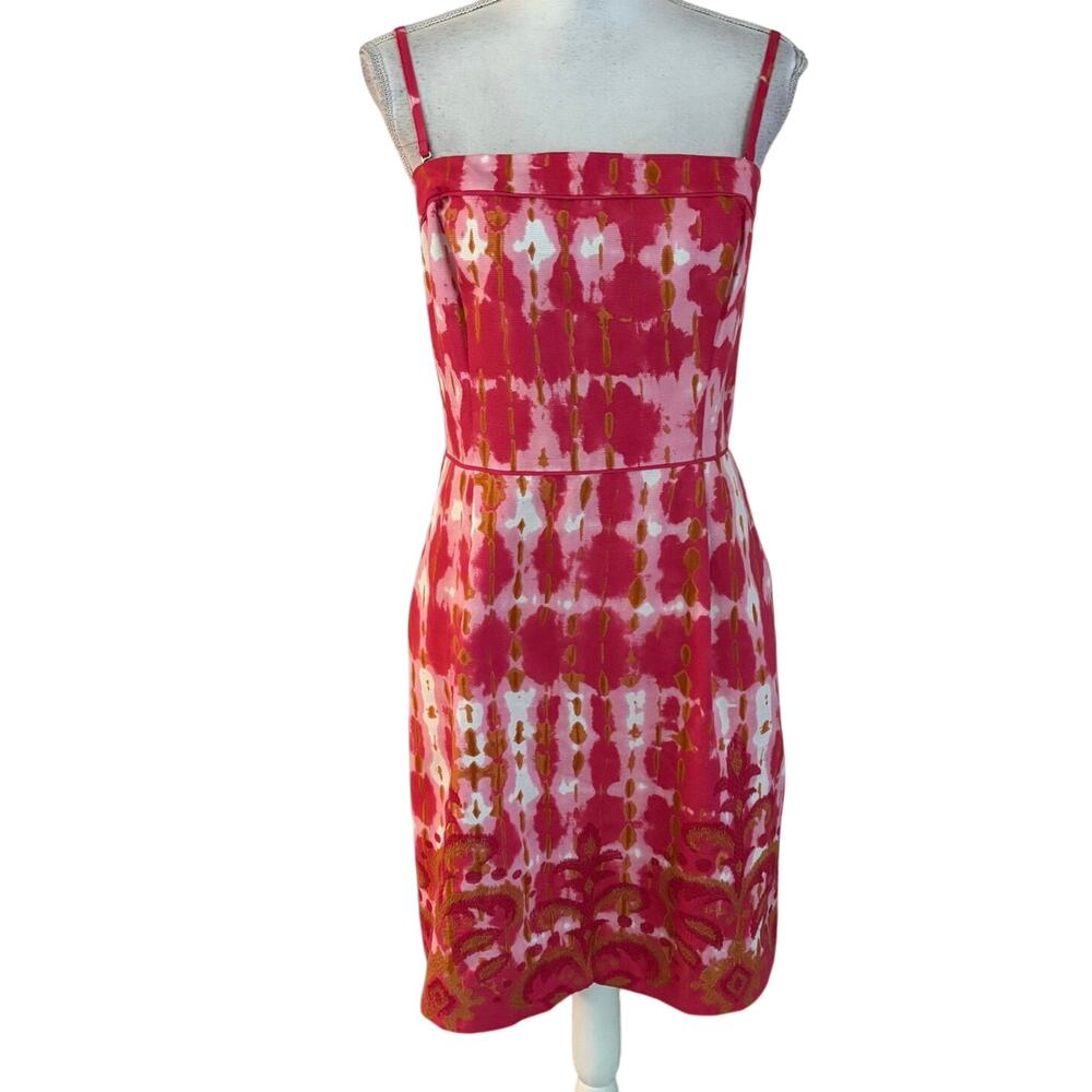 Tabitha Anthropologie Size 14 Sheath Dress Pink Watercolor Pockets Embroidered